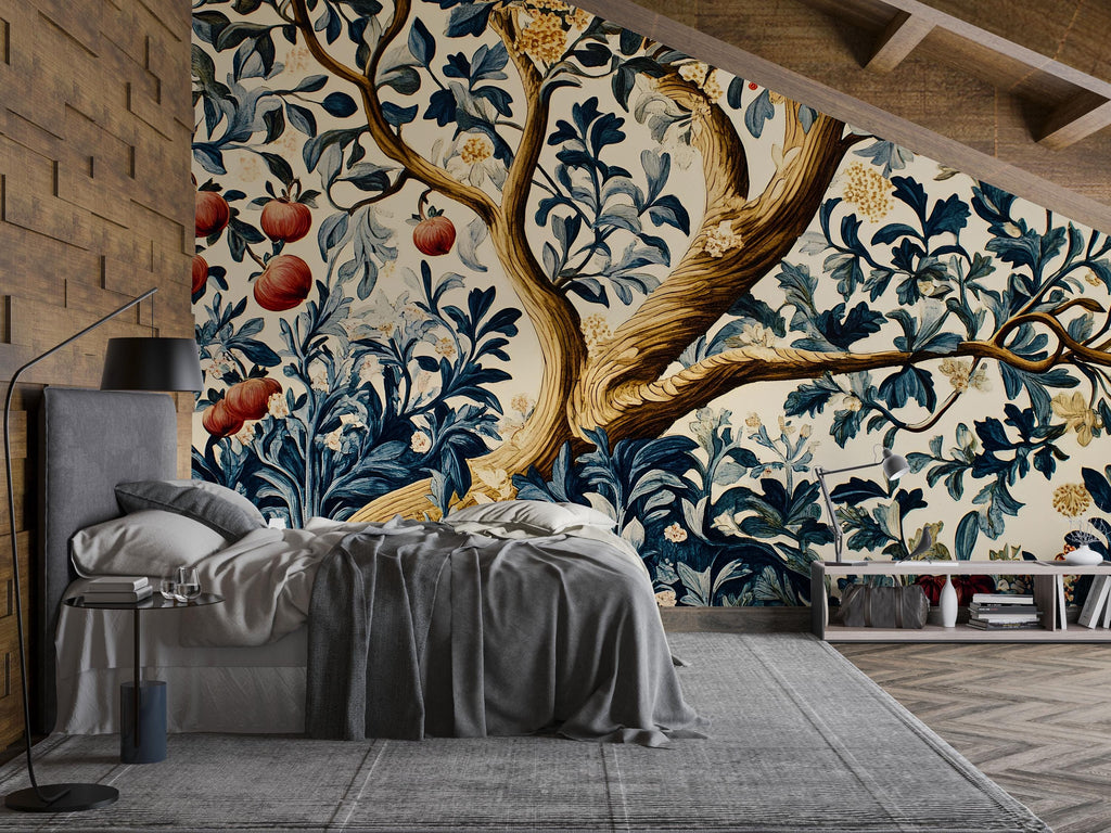 Vintage Botanical Tree 3D Wallpaper – Large Mural with Branches, Leaves & Fruit – Bold Statement Wall Art for Bedroom, Living Room