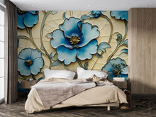 Load image into Gallery viewer, Blue Floral Wall Mural – 3D Effect Botanical Wallpaper for Living Room or Office Vn769