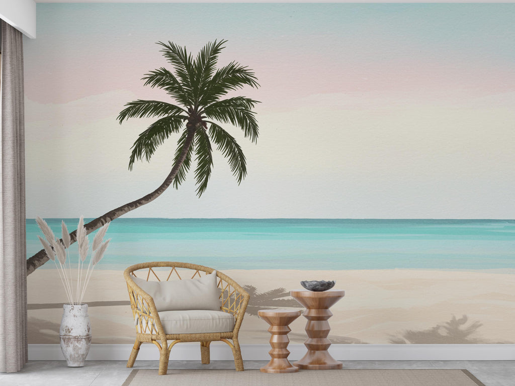 Palm Beach Wallpaper Watercolor Sea Palm Beach Mural with Ocean Beach Wall Art for Nursery Bedroom or Living Room 842RS