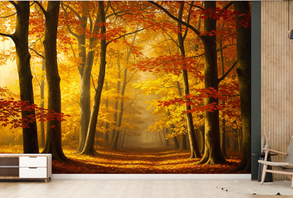 Autumn Forest Wallpaper Watercolor autumn Leaves Mural Fall Forest Wall Art for Nursery Bedroom or Living Room 843RS