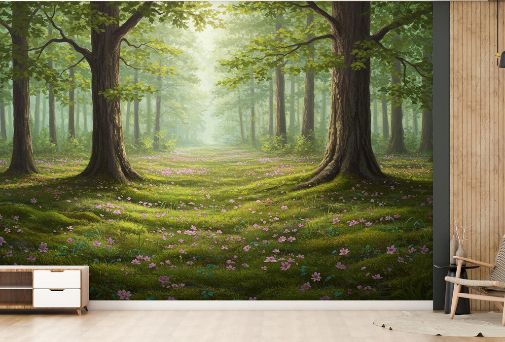 Forest Flower Spring Wallpaper Watercolor Forest Flower Mural Fall Forest Wall Art for Nursery Bedroom or Living Room 844RS