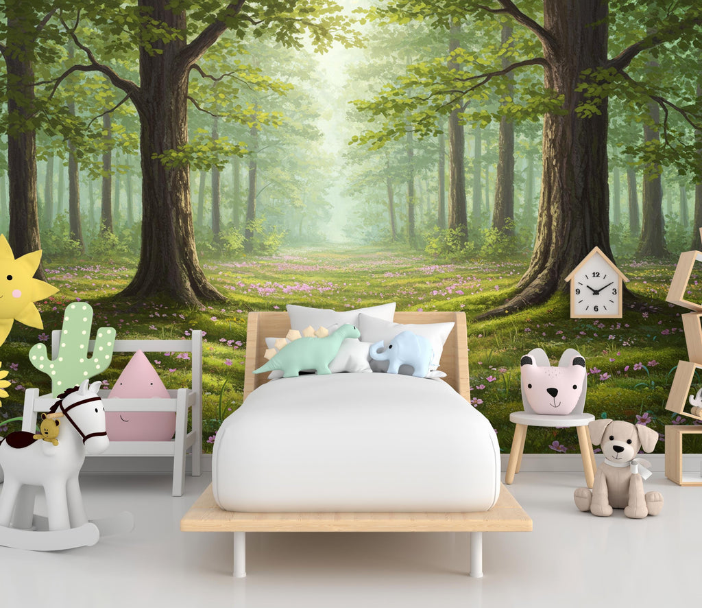 Forest Flower Spring Wallpaper Watercolor Forest Flower Mural Fall Forest Wall Art for Nursery Bedroom or Living Room 844RS