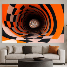 Load image into Gallery viewer, 3D Optical Illusion Tunnel Wallpaper – Trippy Black Orange Checkered Wall Mural for Modern Living Room, Bedroom, Lounge, Bold Stylish Wall