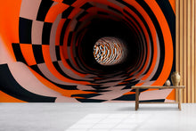 Load image into Gallery viewer, 3D Optical Illusion Tunnel Wallpaper – Trippy Black Orange Checkered Wall Mural for Modern Living Room, Bedroom, Lounge, Bold Stylish Wall