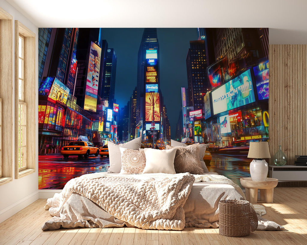 Times Square Wallpaper 3D City Lights Wall Mural | Modern Bold New York Cityscape Wall Decor | Stylish Bedroom Living Room Gift