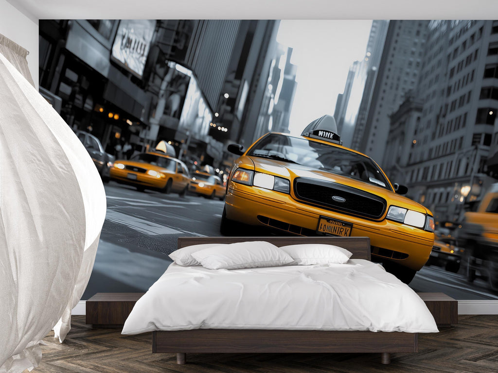 NYC Taxi Wall Mural Wallpaper – 3D Yellow Cab Times Square Street Art, Bold City Skyline Bedroom Decor, Modern Stylish New York Wall Mural