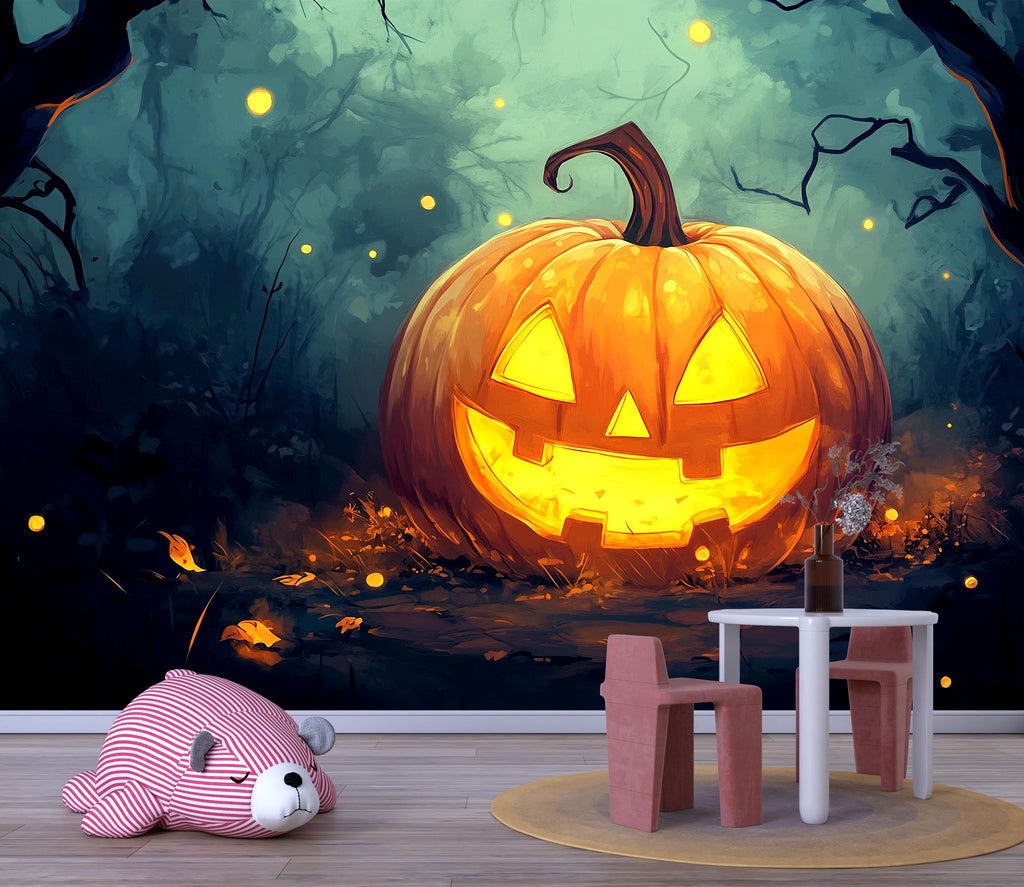 Jack-O’-Lantern Halloween Wall Mural – Cozy Autumn Decor Vn813