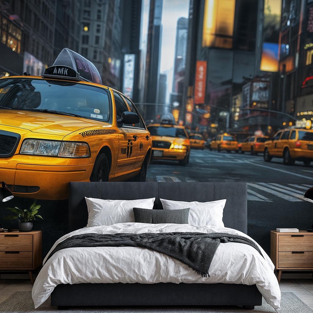 New York Taxi Cityscape 3D Wallpaper – Modern Bold Wall Mural NYC Yellow Cab Street Scene – Stylish Urban Wall Decor for Bedroom, Office