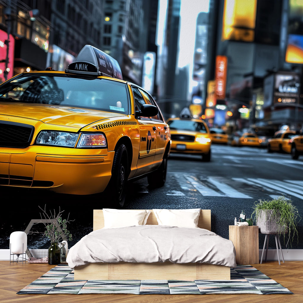 New York Taxi Cityscape 3D Wallpaper – Modern Bold Wall Mural NYC Yellow Cab Street Scene – Stylish Urban Wall Decor for Bedroom, Office