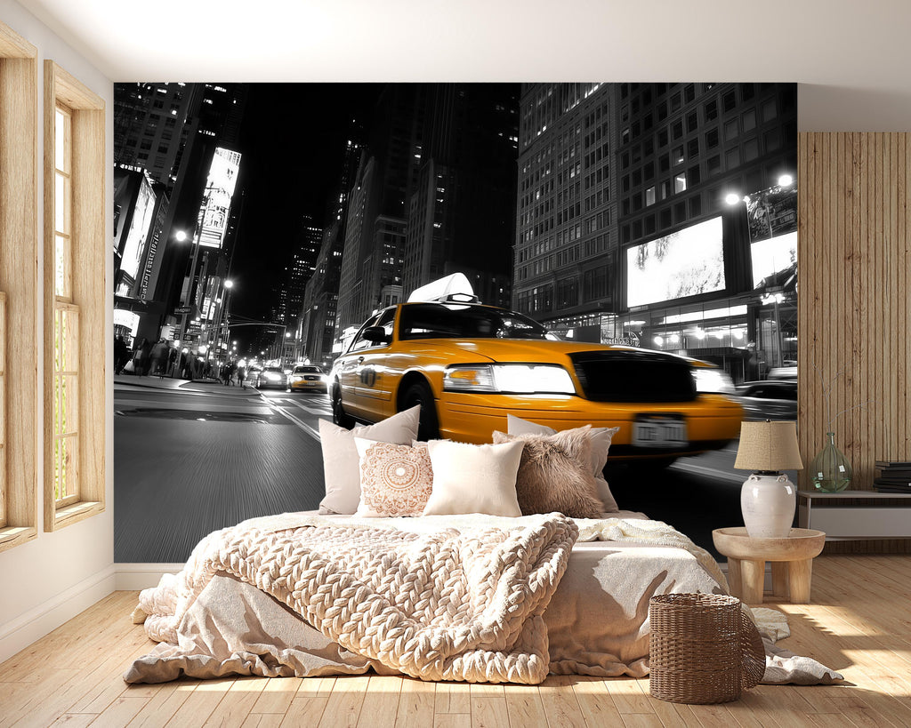 Yellow Taxi Wall Mural 3D Wallpaper – New York City Night Street Wall Art – Bold Modern Urban Bedroom Decor – Stylish Gift for Him or Her