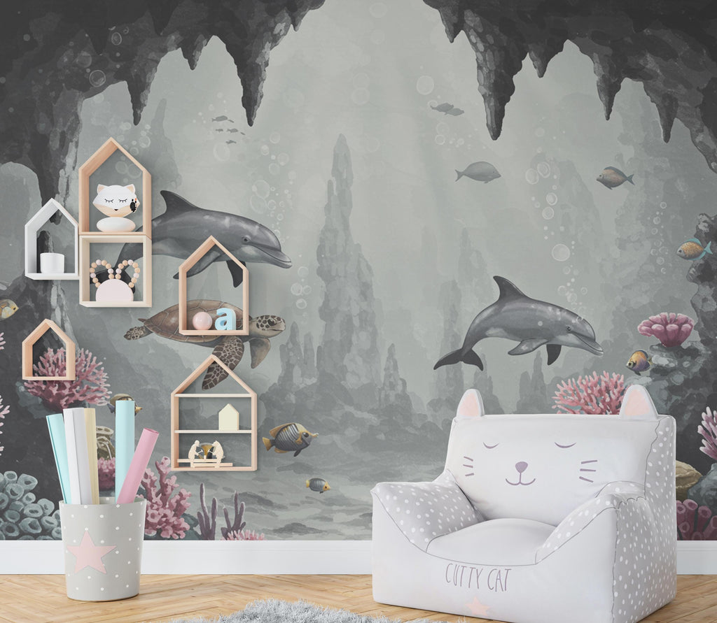 Underwater Wall Graphics Peel and Stick Dolphin Sea Turtle room Wallpaper Nursery Self Adhesive Removable nursery wall decor Mural 846RS