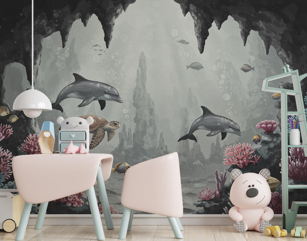 Underwater Wall Graphics Peel and Stick Dolphin Sea Turtle room Wallpaper Nursery Self Adhesive Removable nursery wall decor Mural 846RS