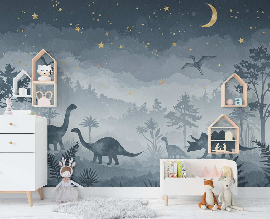 Watercolor Dinosaur Forest Wall Mural – Enchanted Prehistoric Jungle Wallpaper with Moon, Stars Dinosaurs for Kids Room or Nursery 850RS