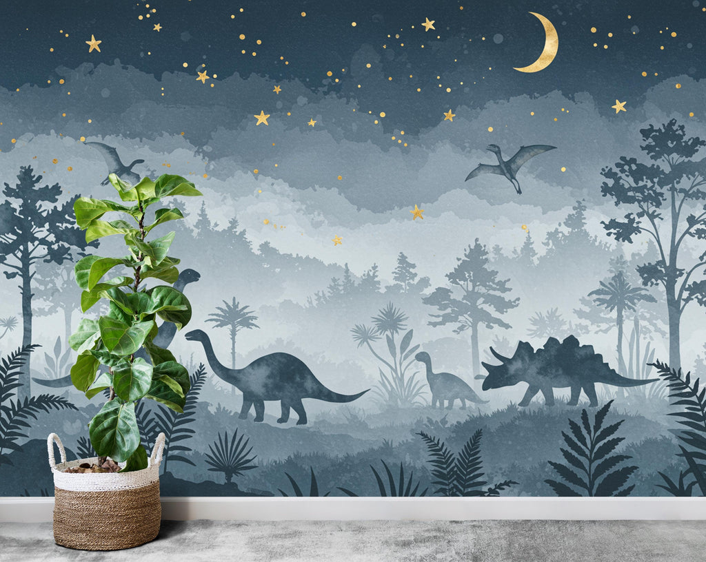 Watercolor Dinosaur Forest Wall Mural – Enchanted Prehistoric Jungle Wallpaper with Moon, Stars Dinosaurs for Kids Room or Nursery 850RS