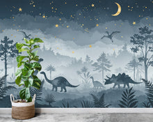 Load image into Gallery viewer, Watercolor Dinosaur Forest Wall Mural – Enchanted Prehistoric Jungle Wallpaper with Moon, Stars Dinosaurs for Kids Room or Nursery 850RS