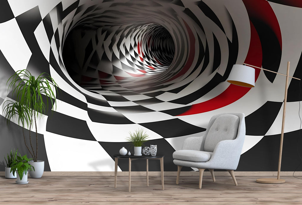 3D Tunnel Illusion Wallpaper, Black White Red Geometric Modern Wall Mural, Stylish Abstract Optical Wall Decor for Living Room Bedroom