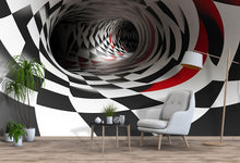 Load image into Gallery viewer, 3D Tunnel Illusion Wallpaper, Black White Red Geometric Modern Wall Mural, Stylish Abstract Optical Wall Decor for Living Room Bedroom
