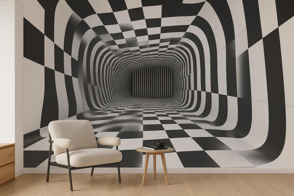 3D Tunnel Illusion Wallpaper, Black White Checkered Geometric Wall Mural, Modern Abstract Optical Art Room Decor, Bold Peel And Stick Wall