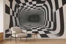 Load image into Gallery viewer, 3D Tunnel Illusion Wallpaper, Black White Checkered Geometric Wall Mural, Modern Abstract Optical Art Room Decor, Bold Peel And Stick Wall