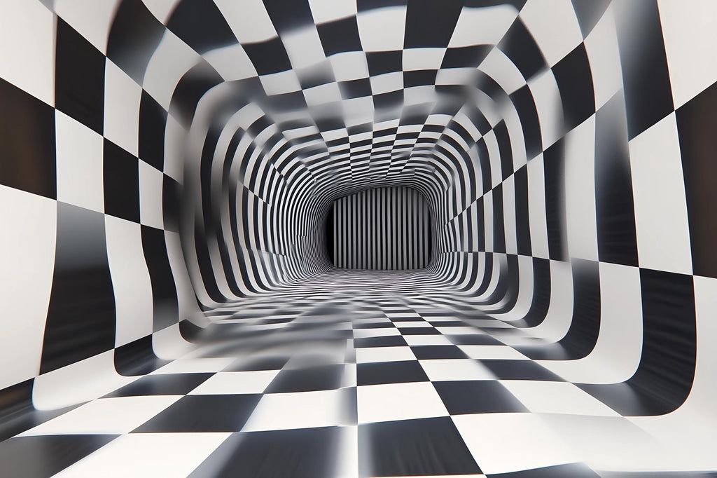 3D Tunnel Illusion Wallpaper, Black White Checkered Geometric Wall Mural, Modern Abstract Optical Art Room Decor, Bold Peel And Stick Wall