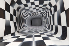 Load image into Gallery viewer, 3D Tunnel Illusion Wallpaper, Black White Checkered Geometric Wall Mural, Modern Abstract Optical Art Room Decor, Bold Peel And Stick Wall