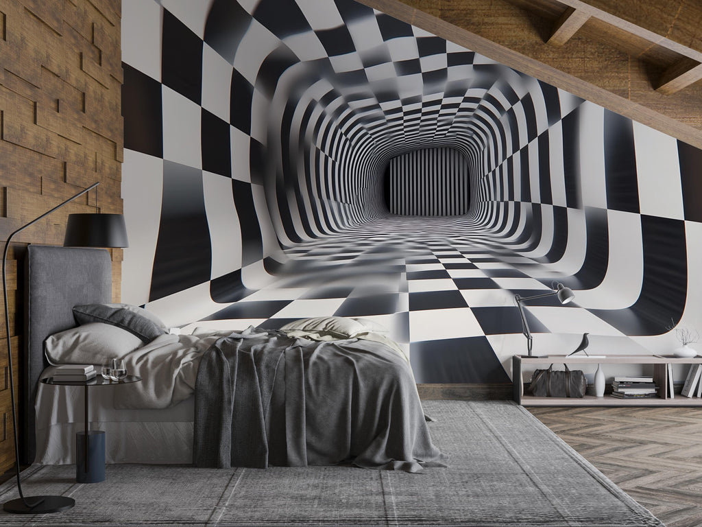 3D Tunnel Illusion Wallpaper, Black White Checkered Geometric Wall Mural, Modern Abstract Optical Art Room Decor, Bold Peel And Stick Wall