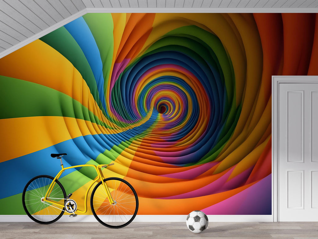 Rainbow 3D Tunnel Wallpaper Mural | Colorful Optical Illusion Wall Art for Kids Room Nursery | Bold Modern Peel and Stick Wall Decor