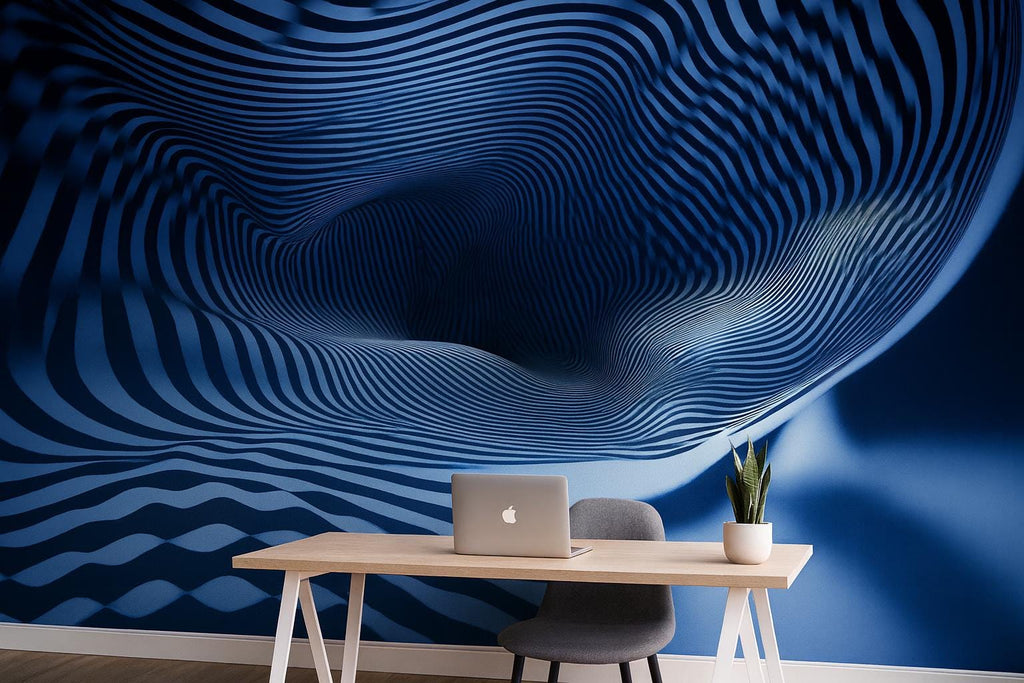 3D Optical Illusion Wallpaper – Modern Wavy Striped Abstract Wall Mural – Stylish Black And Blue Geometric Wall Decor – Bold 3D Wallpaper