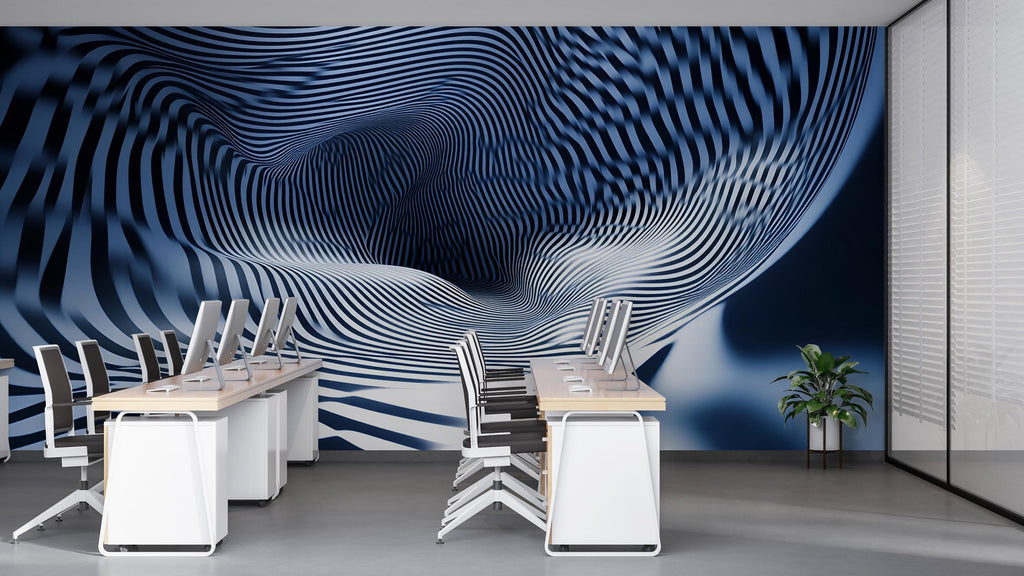 3D Optical Illusion Wallpaper – Modern Wavy Striped Abstract Wall Mural – Stylish Black And Blue Geometric Wall Decor – Bold 3D Wallpaper