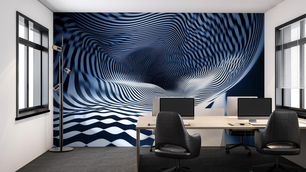 3D Optical Illusion Wallpaper – Modern Wavy Striped Abstract Wall Mural – Stylish Black And Blue Geometric Wall Decor – Bold 3D Wallpaper