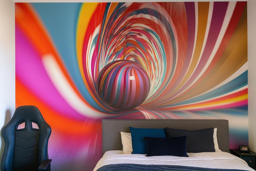 Rainbow Swirl 3D Tunnel Wallpaper – Colorful Optical Illusion Wall Mural for Nursery, Kids Room, Modern Bedroom or Playroom Stylish Wall