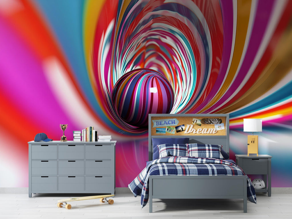 Rainbow Swirl 3D Tunnel Wallpaper – Colorful Optical Illusion Wall Mural for Nursery, Kids Room, Modern Bedroom or Playroom Stylish Wall