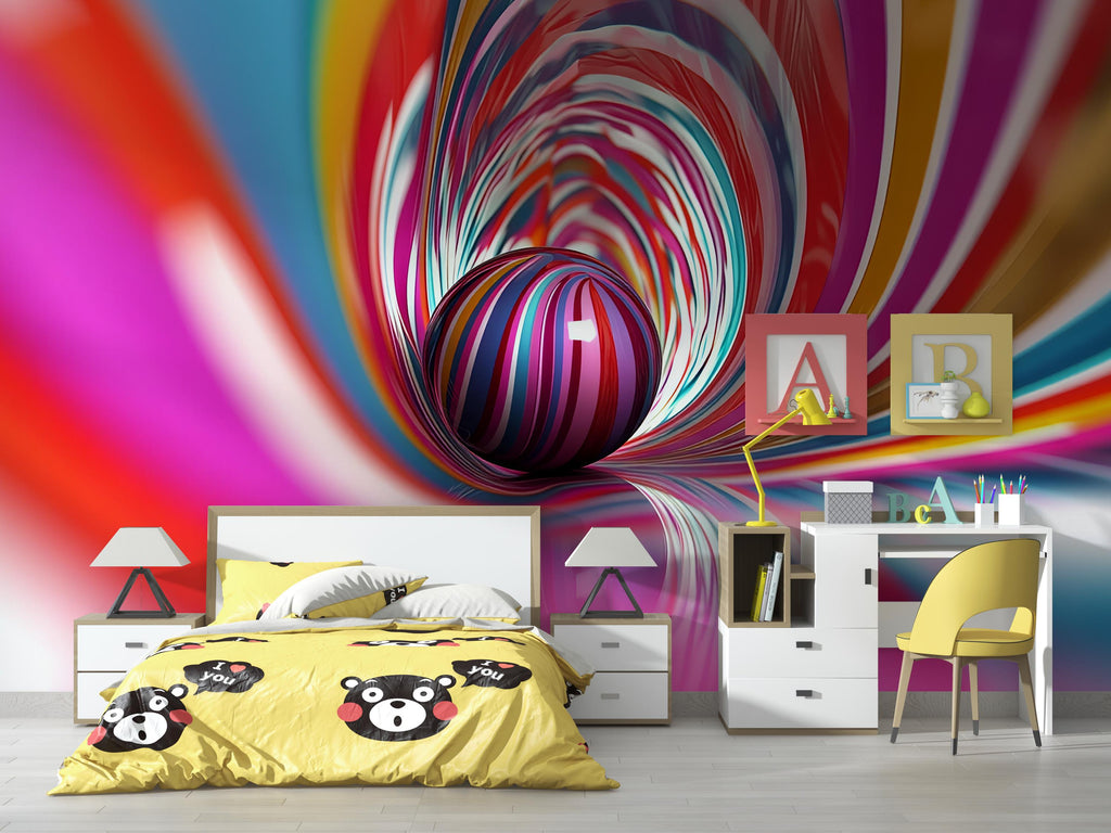 Rainbow Swirl 3D Tunnel Wallpaper – Colorful Optical Illusion Wall Mural for Nursery, Kids Room, Modern Bedroom or Playroom Stylish Wall