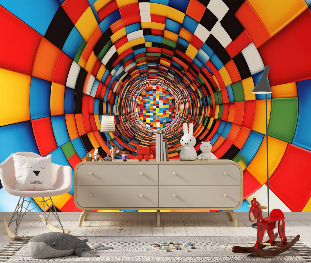 3D Colorful Tunnel Wallpaper | Bold Optical Illusion Wall Mural | Modern Kids Room Decor | Vibrant Geometric Peel And Stick Wall Art