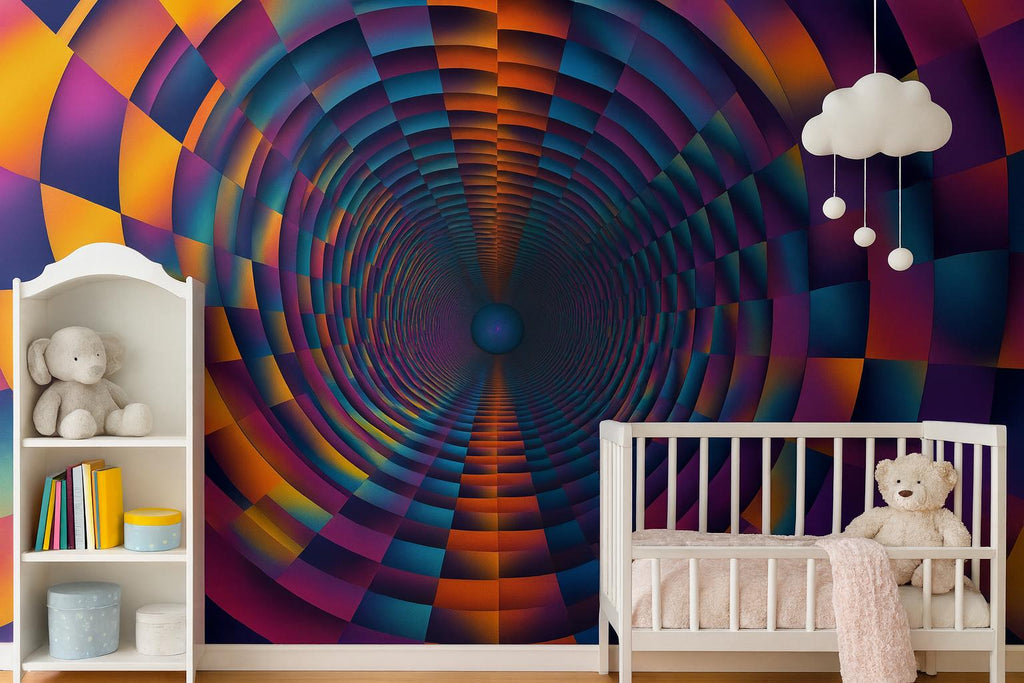 Colorful 3D Tunnel Rainbow Wallpaper Mural | Trippy Modern Wall Decor | Bold Optical Illusion Geometric Design | Kids Room, Living Room