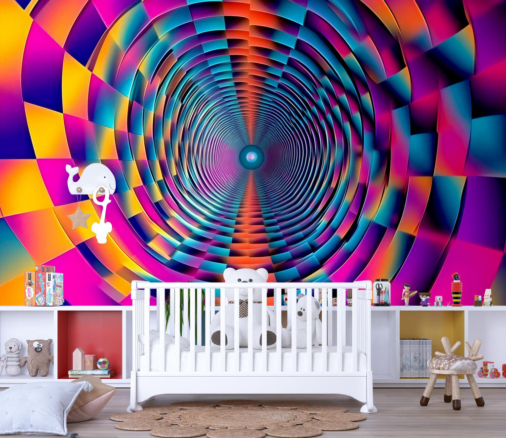 Colorful 3D Tunnel Rainbow Wallpaper Mural | Trippy Modern Wall Decor | Bold Optical Illusion Geometric Design | Kids Room, Living Room