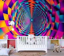 Load image into Gallery viewer, Colorful 3D Tunnel Rainbow Wallpaper Mural | Trippy Modern Wall Decor | Bold Optical Illusion Geometric Design | Kids Room, Living Room