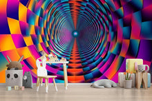 Load image into Gallery viewer, Colorful 3D Tunnel Rainbow Wallpaper Mural | Trippy Modern Wall Decor | Bold Optical Illusion Geometric Design | Kids Room, Living Room