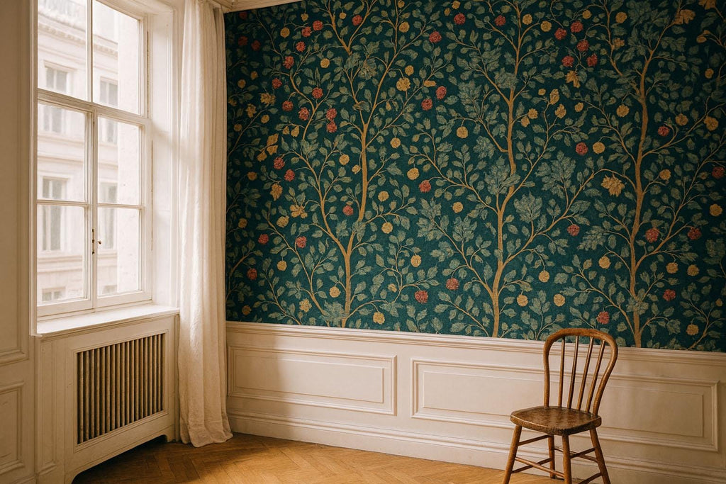 Dark Botanical Raspberry 3D Wallpaper – Vintage Fruit & Leaf Wall Mural – Elegant Statement Wall Art for Living Room, Dining Room
