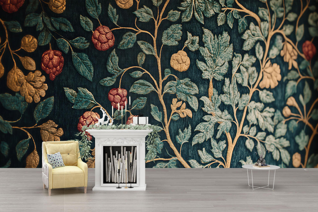 Dark Botanical Raspberry 3D Wallpaper – Vintage Fruit & Leaf Wall Mural – Elegant Statement Wall Art for Living Room, Dining Room