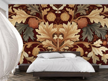 Load image into Gallery viewer, Bold Red and Gold Botanical 3D Wallpaper – Vintage Leaf &amp; Floral Wall Mural – Luxury Statement Wall Art for Bedroom, Living Room
