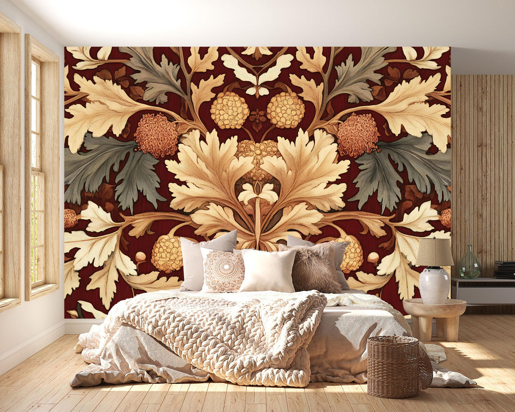 Bold Red and Gold Botanical 3D Wallpaper – Vintage Leaf & Floral Wall Mural – Luxury Statement Wall Art for Bedroom, Living Room