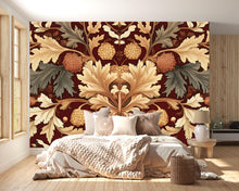 Load image into Gallery viewer, Bold Red and Gold Botanical 3D Wallpaper – Vintage Leaf &amp; Floral Wall Mural – Luxury Statement Wall Art for Bedroom, Living Room