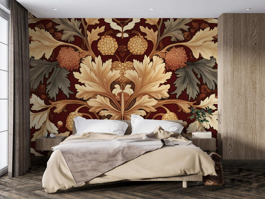 Bold Red and Gold Botanical 3D Wallpaper – Vintage Leaf & Floral Wall Mural – Luxury Statement Wall Art for Bedroom, Living Room