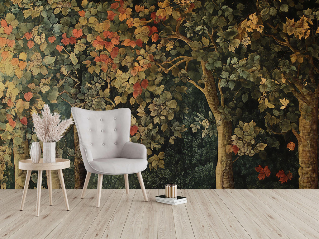 Autumn Forest Trees 3D Wallpaper – Vintage Botanical Woodland Mural – Luxury Nature-Inspired Statement Wall Art for Living Room