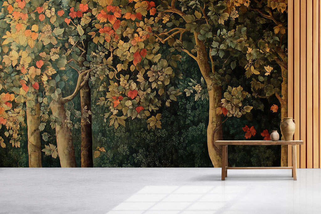 Autumn Forest Trees 3D Wallpaper – Vintage Botanical Woodland Mural – Luxury Nature-Inspired Statement Wall Art for Living Room