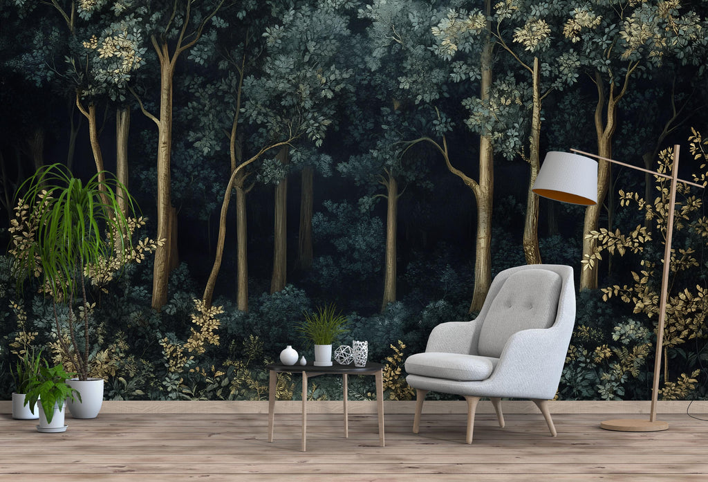 Deep Forest Botanical 3D Wallpaper – Dark Woodland Wall Mural – Luxury Nature-Inspired Statement Wall Art for Living Room, Bedroom