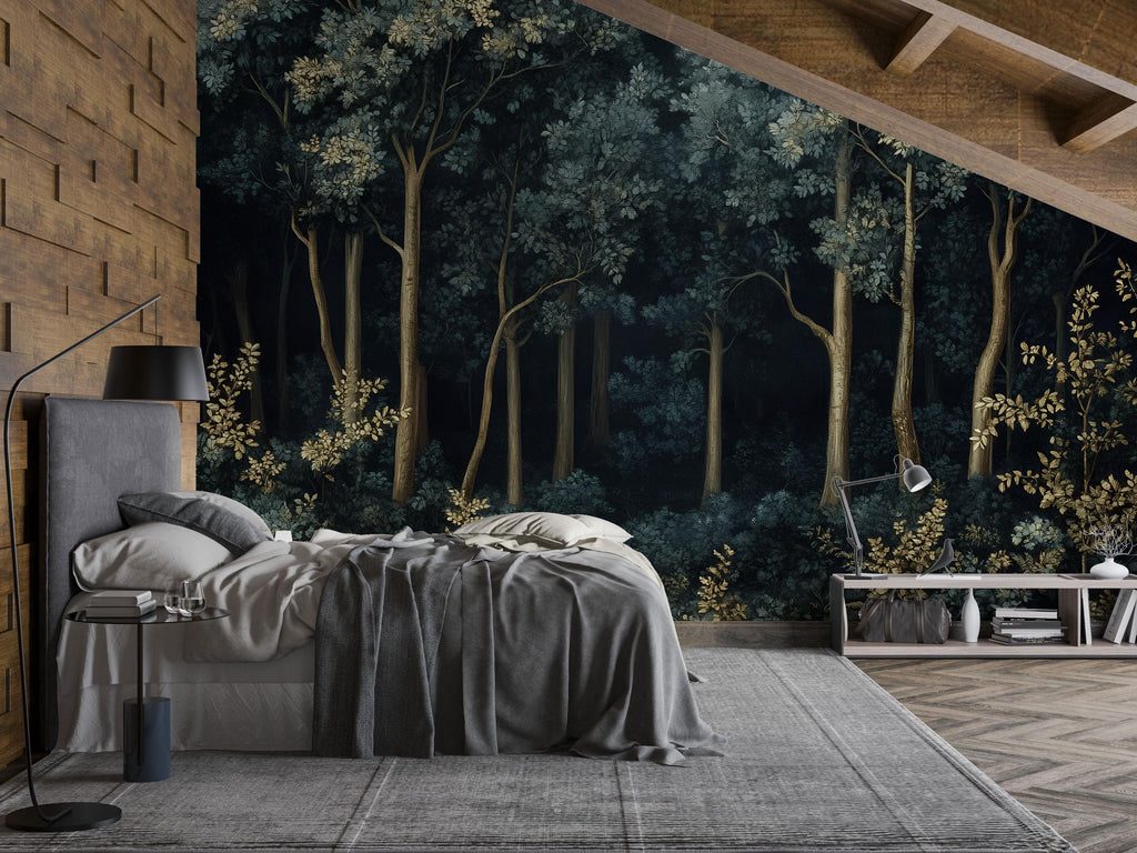 Deep Forest Botanical 3D Wallpaper – Dark Woodland Wall Mural – Luxury Nature-Inspired Statement Wall Art for Living Room, Bedroom