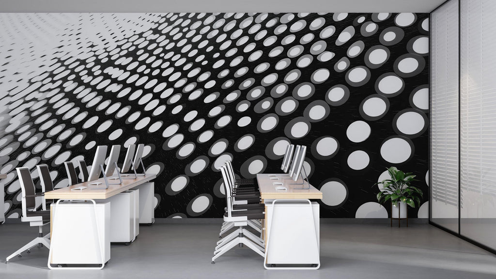 3D Optical Illusion Circle Grid Wallpaper – Modern Black & White Wall Mural – Bold Geometric Statement Wall Art for Office, Living Room