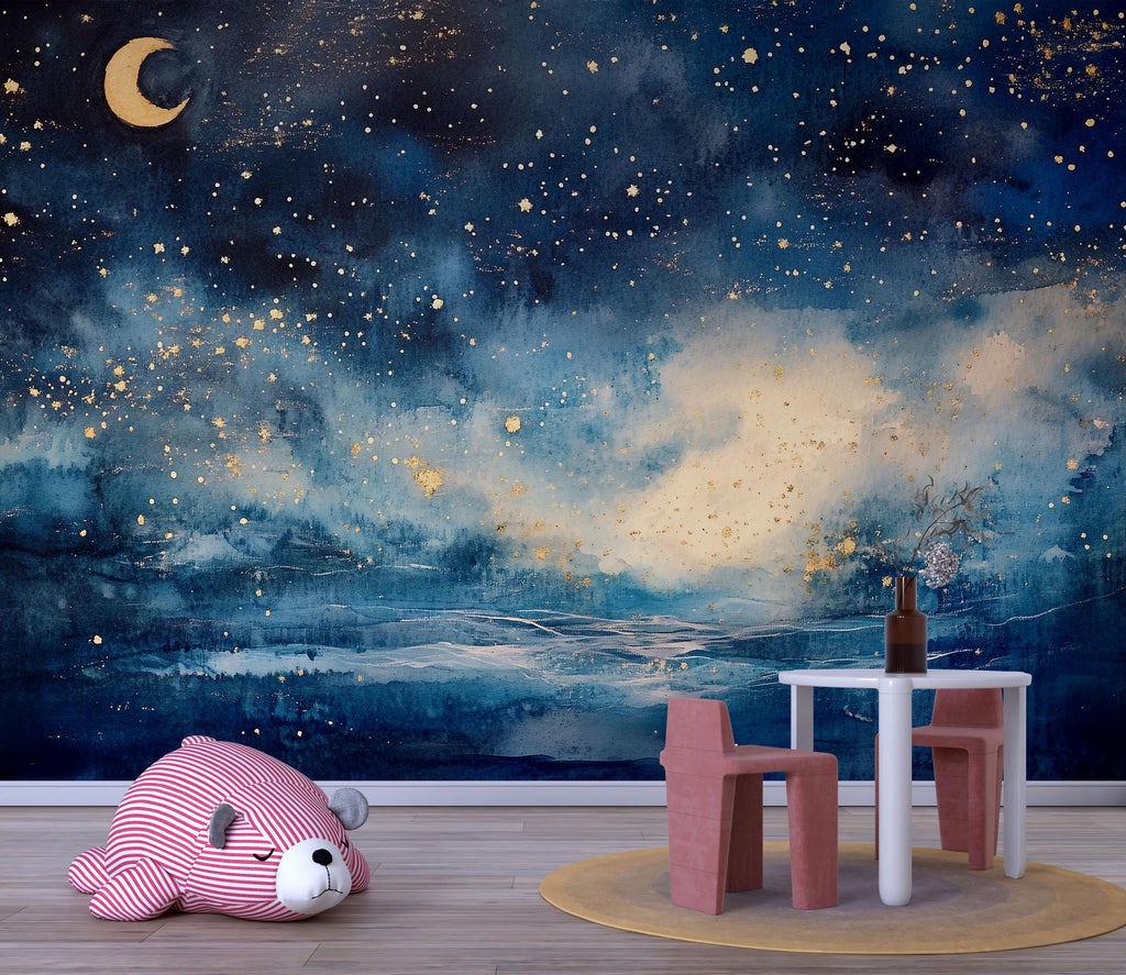 Starry Night Sky Wallpaper For Nursery – Moon And Stars Wall Mural, Gender Neutral Baby Room Decor, Cosmic Night Sky Wall Art, Dreamy Kids